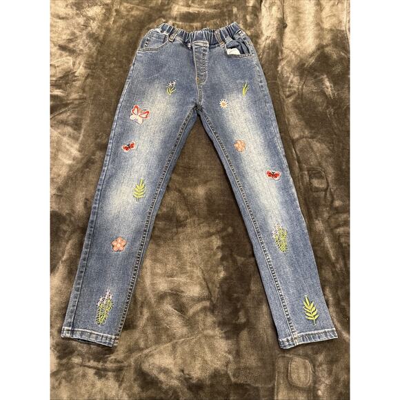 Unbranded Girl's Elastic Cinched Waist Floral Embroidered Jeans Size 150 - Picture 1 of 16